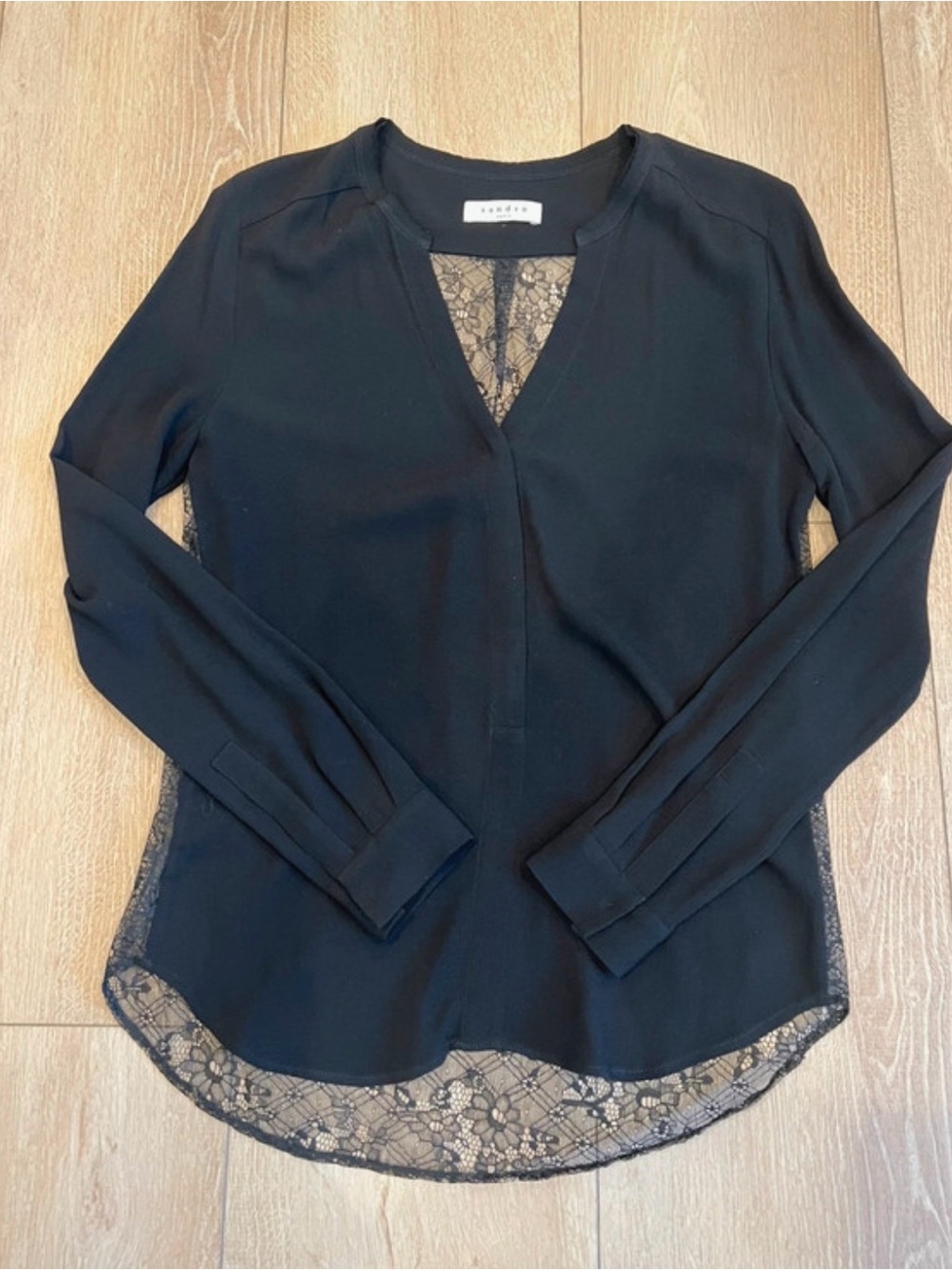 Sandro Black Lace-Trim Long-Sleeve Blouse size medium